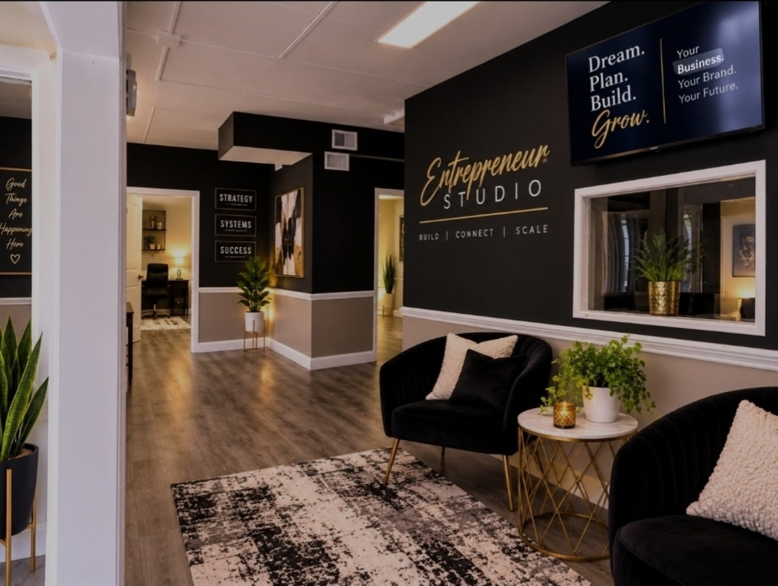 Entrepreneurs collaborating inside a premium business studio